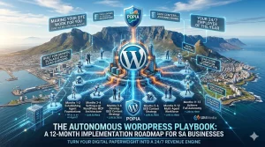 UltiMedia | A futuristic 3D infographic of the Cape Town skyline featuring a central WordPress logo connected to a 12-month Autonomous WordPress implementation for SA businesses with digital robots, POPIA compliance shields, and data flow indicators.