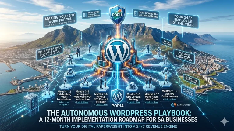 Autonomous WordPress implementation for SA businesses: 2026 Roadmap 3 UltiMedia | A futuristic 3D infographic of the Cape Town skyline featuring a central WordPress logo connected to a 12-month Autonomous WordPress implementation for SA businesses with digital robots, POPIA compliance shields, and data flow indicators.