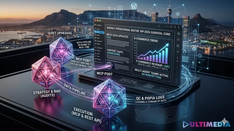 Agentic AI 2026: WordPress Survival’s Blunt Truth 2 Agentic AI WordPress 2026 dashboard showing a 34% revenue lift from autonomous SEO, MCP protocol ports, and strategy agents.