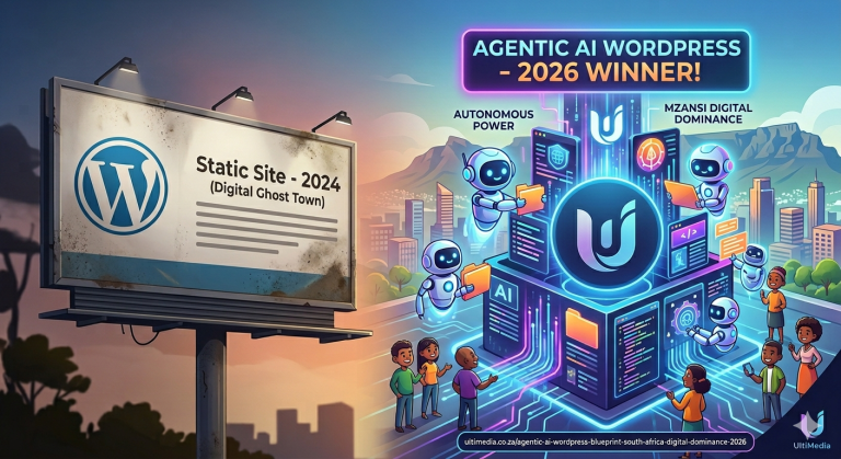 The Brutal Truth: Why Agentic AI WordPress Is the 2026 Winner 5 A comparison illustration of a weathered 2024 WordPress billboard representing a "Digital Ghost Town" on the left, versus a glowing, autonomous 2026 Agentic AI WordPress system on the right, featuring AI robots and a diverse South African team in front of Cape Town's Table Mountain. UltiMedia logo visible.