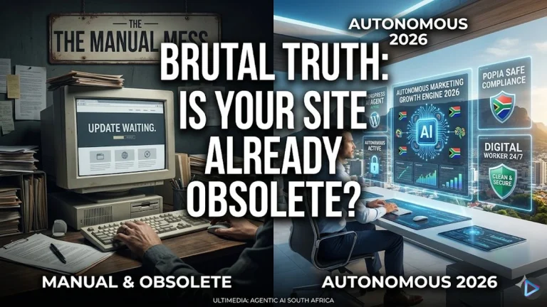 Autonomous Digital Marketing 2026: Your Website Manual? Its Obsolete 4 Autonomous digital marketing 2026: A split-screen comparison: the left side shows a cluttered, outdated 90s computer desk labeled "Manual & Obsolete," and the right side shows a futuristic workstation with an AI hologram, South African flags, and "POPIA Safe" badges labeled "Autonomous 2026." Central text asks, "Brutal Truth: Is Your Site Already Obsolete?