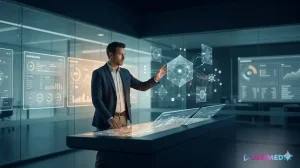A human AI Agent supervisor in a modern, glass-walled control room orchestrating autonomous AI agents and geometric data nodes above a digital console, styled for UltiMedia