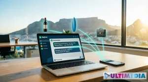Laptop showing AI agents for Cape Town SMEst WhatsApp booking confirmation and PayFast payment with Table Mountain backdrop, Ultimedia Cape Town