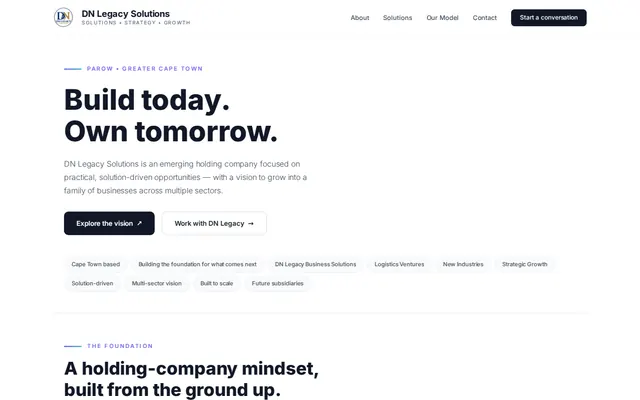 DN Legacy Solutions homepage with its Build today, Own tomorrow introduction