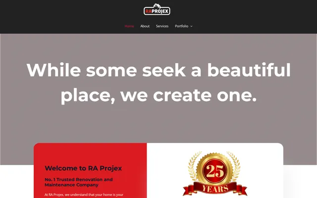 RA Projex homepage with its property improvement introduction and red brand accents