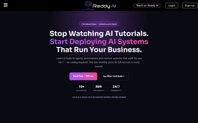 Reddy AI Academy homepage introducing its practical AI and automation learning platform